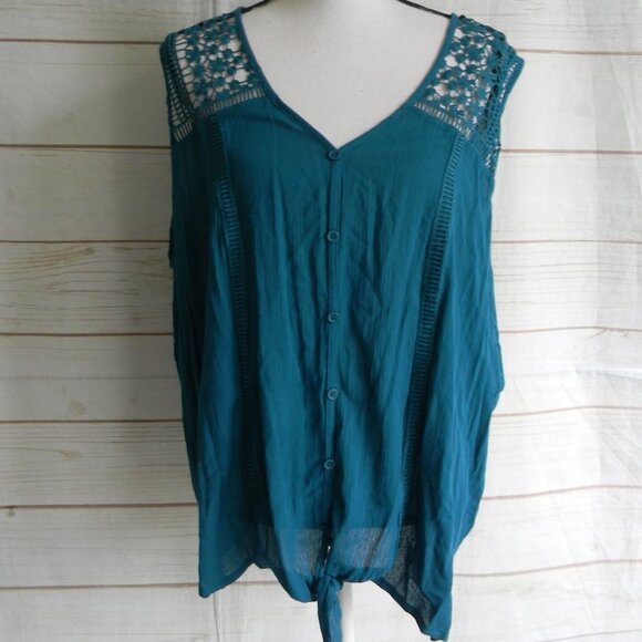 NWT LANE BRYANT NO PEEK COLLECTION TEAL SLEEVELESS BUTTON FRONT CROCHET TOP 24W - Picture 1 of 5